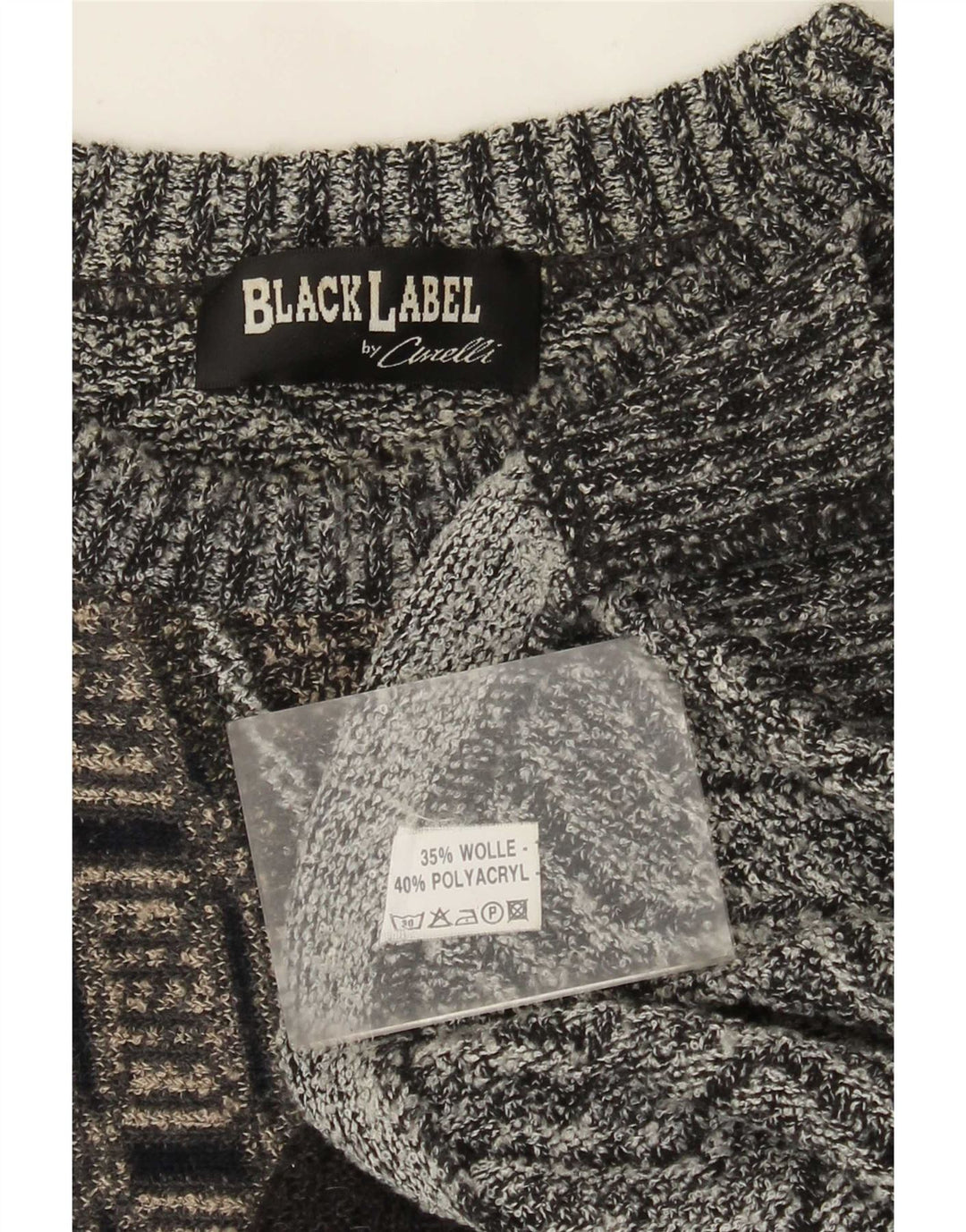 Vintage Herre sweater med rund hals XL Grå Patchwork Alpaca uld