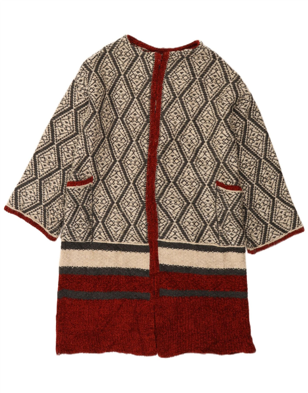 Zara Dame Longline Åben Cardigan Sweater UK 14 Medium Beige Geometrisk