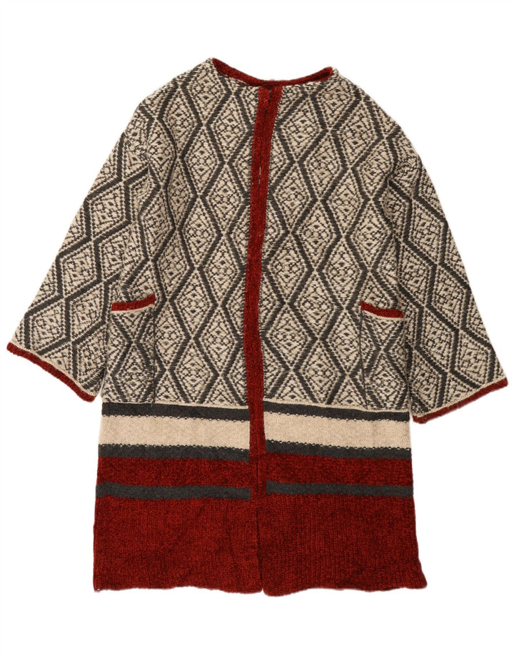 Zara Dame Longline Åben Cardigan Sweater UK 14 Medium Beige Geometrisk