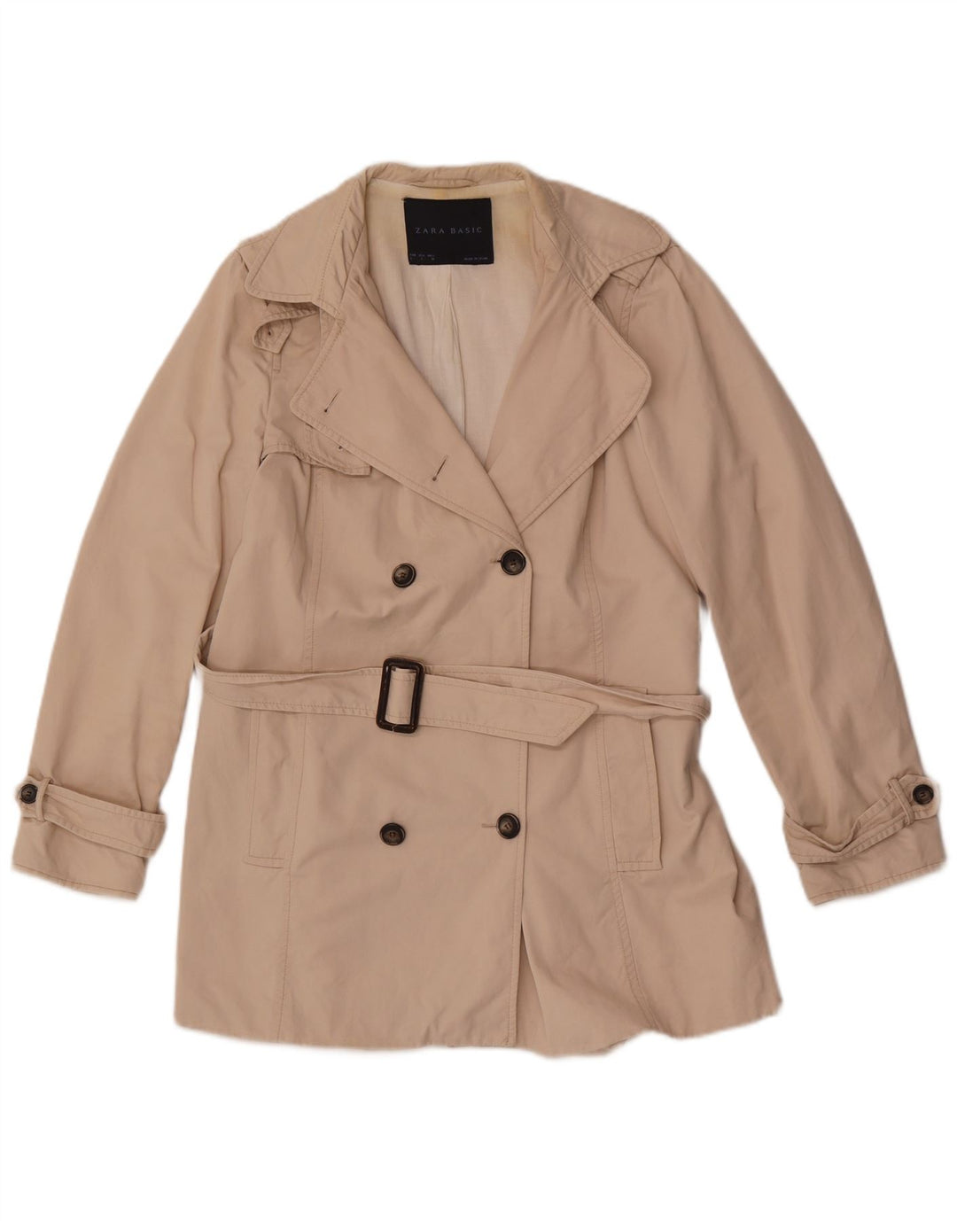 Zara Kvinder Kort Trench Coat UK 16 Stor Beige Bomuld