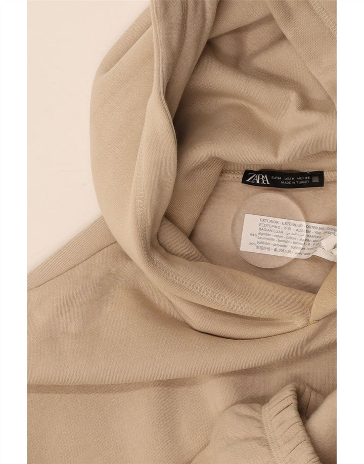 ZARA Dame Crop Hoodie Jumper UK 14 Medium Beige Bomuld