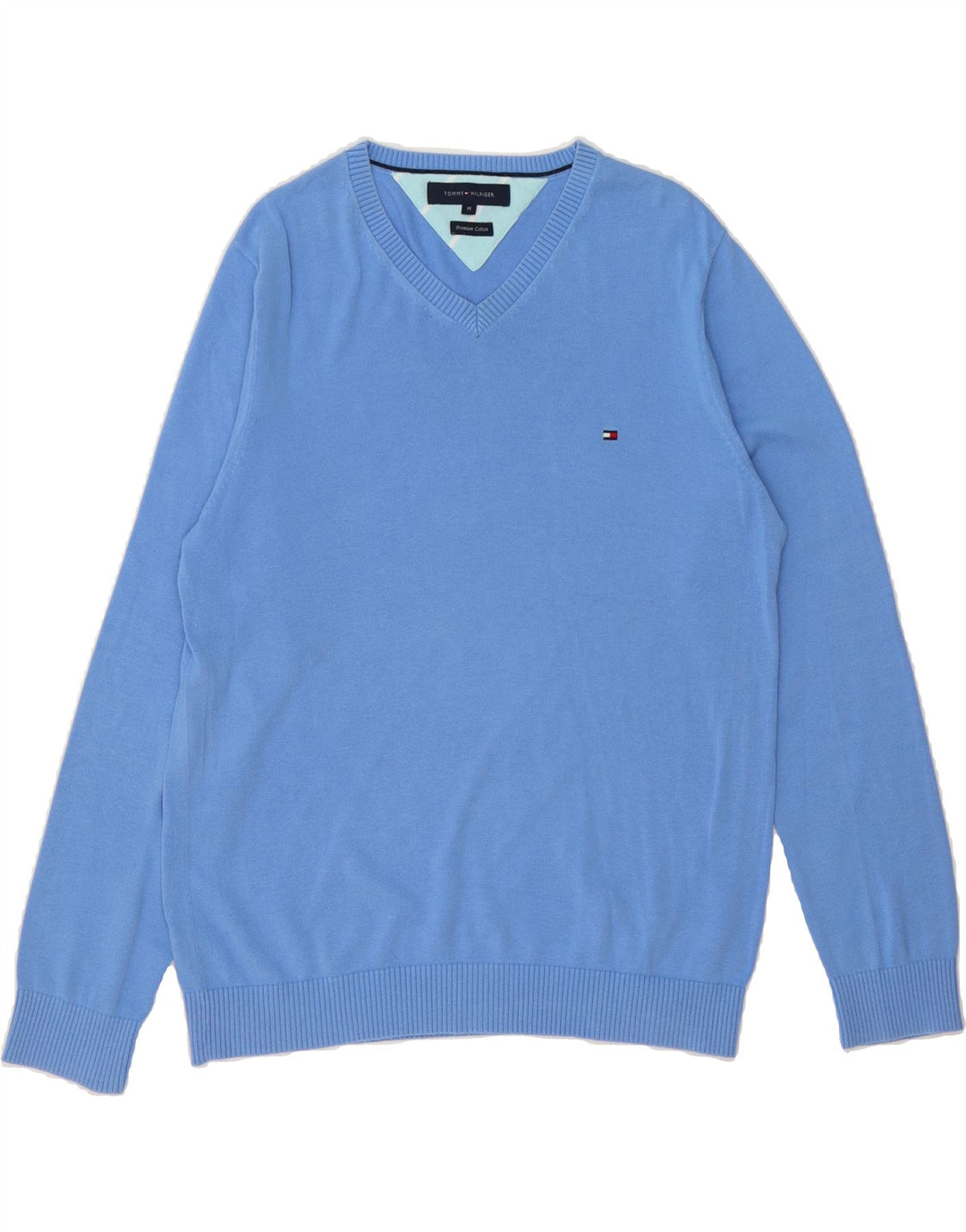 TOMMY HILFIGER Mens V-Neck Jumper Sweater Medium Blue Cotton Vintage Tommy Hilfiger and Second-Hand Tommy Hilfiger from Messina Hembry 