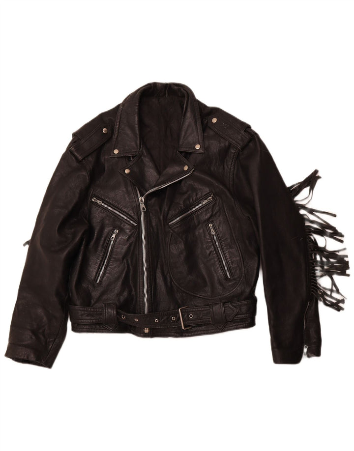 VINTAGE Bikerjakke i læder til kvinder UK 14 Mellem sort læder