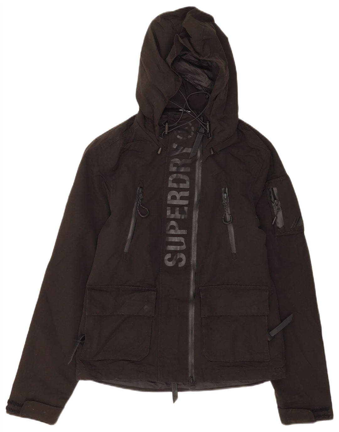 Superdry grafisk regnjakke med hætte til kvinder UK 8 Lille sort polyester