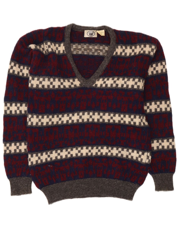 Vintage Mens V-Neck Jumper Sweater Medium Multicoloured Geometric Wool