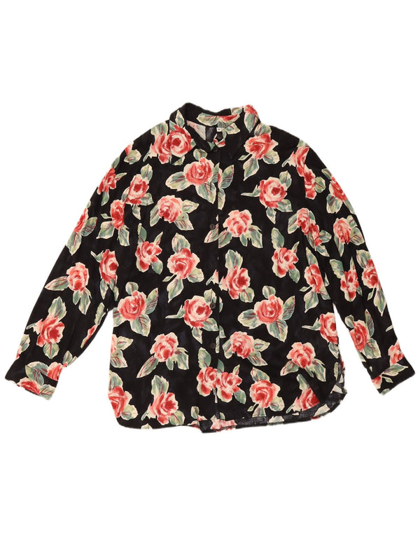 Vintage dameskjorte bluse EU 46 XL sort blomsterviscose