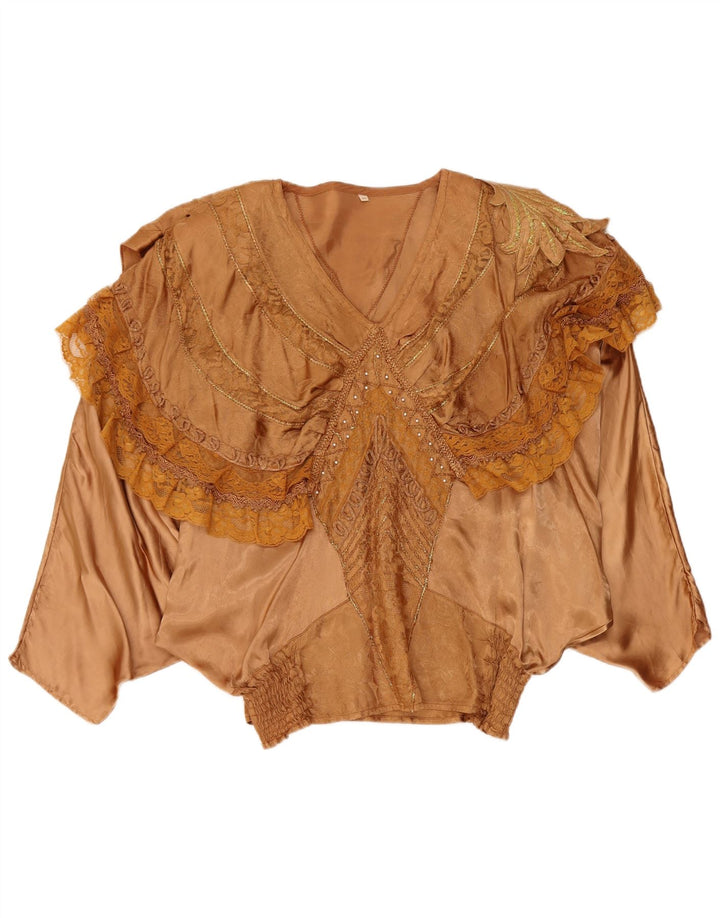 Vintage kvinders flæse foran flagermusbluse Top EU 40/42 Stor brun viskose