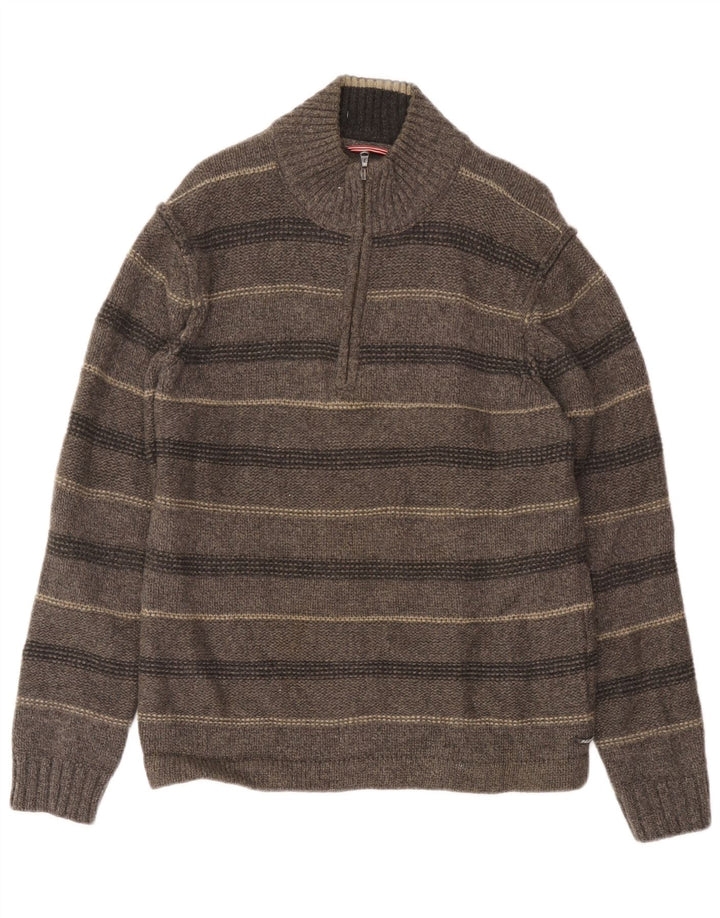 White Stuff Herre Zip Neck Jumper Sweater Stor Grå Stribet Lammeuld
