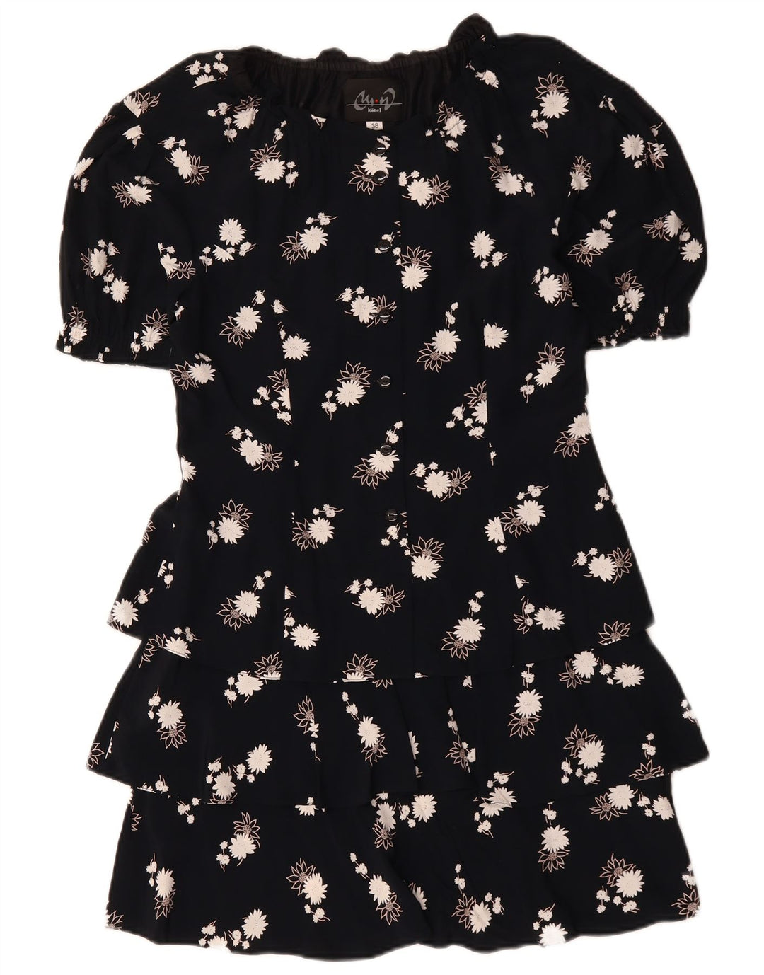 VINTAGE Womens Peplum Dress EU 38 Medium Navy Blue Floral Viscose