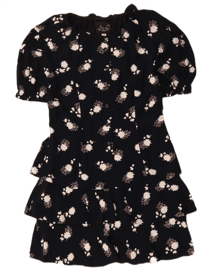 VINTAGE Womens Peplum Dress EU 38 Medium Navy Blue Floral Viscose