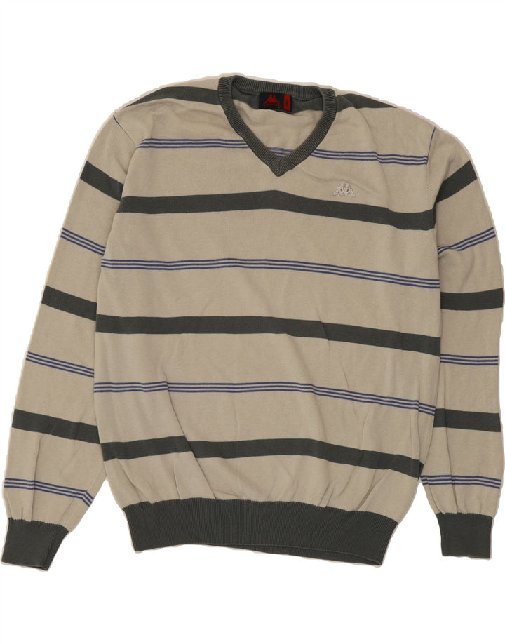 KAPPA Mens V-Neck Jumper Sweater Large Grey Striped Cotton Vintage Kappa and Second-Hand Kappa from Messina Hembry 