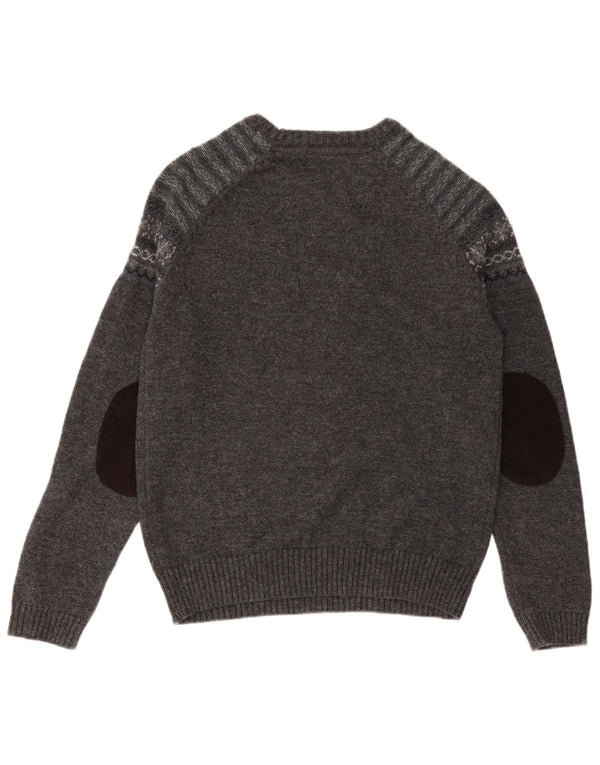 JACK & JONES Herre Boat Neck Jumper Sweater Medium Grey Fair Isle Lambswool
