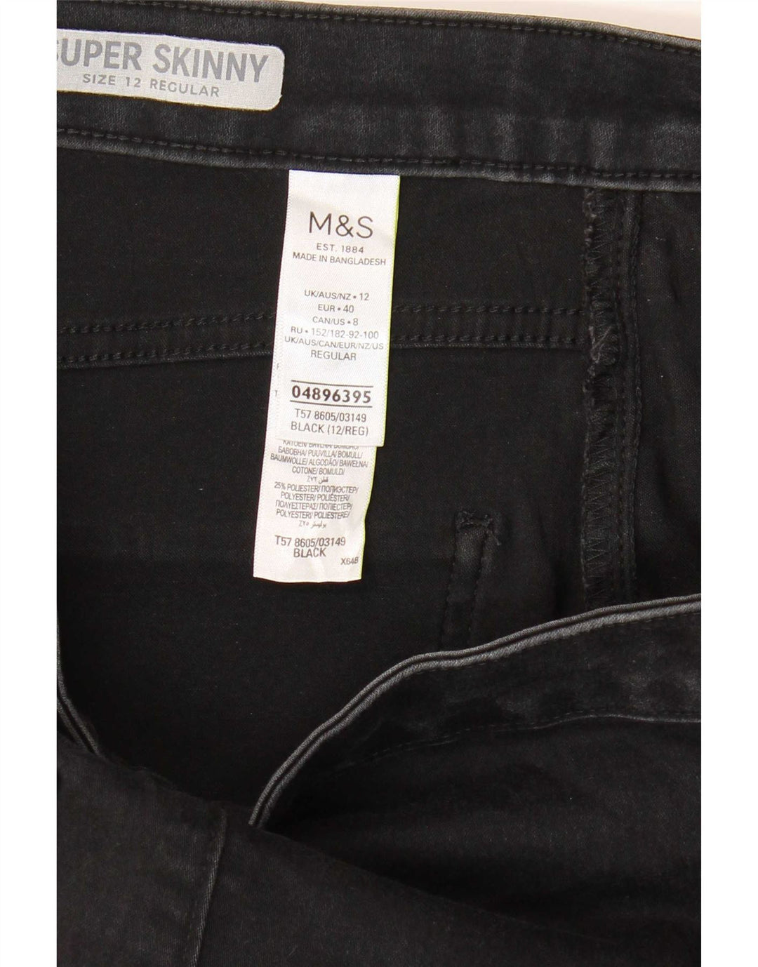 Marks & Spencer Dame Regular Skinny Jeans UK 12 Medium W28 L27 Black