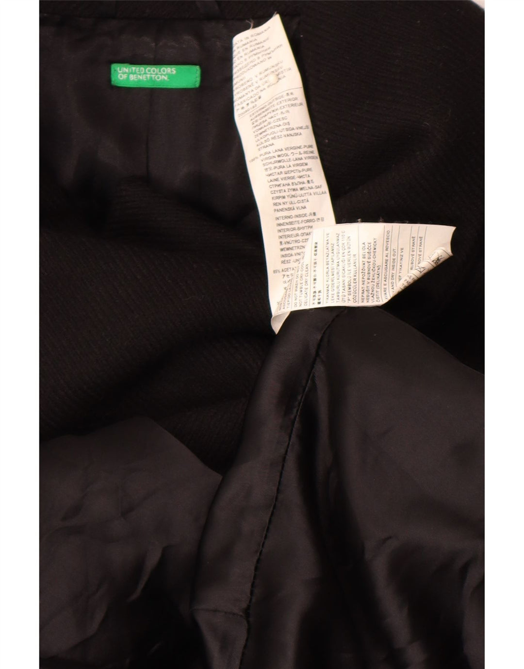 Benetton Dame Dobbeltradet Frakke IT 44 Medium Sort Virgin Wool
