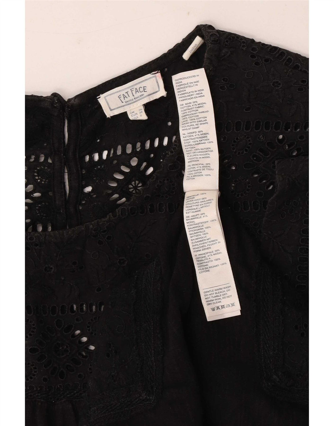 Fat Face Dame Bluse Top UK 10 Small Black Floral Bomuld