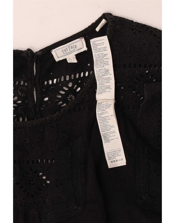 Fat Face Dame Bluse Top UK 10 Small Black Floral Bomuld