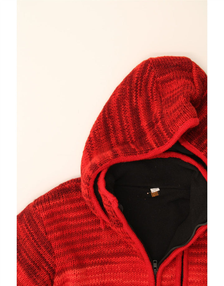 VINTAGE Womens Knit Hooded Bomber Jacket UK 14 Medium Red Tie Dye Wool Vintage Vintage and Second-Hand Vintage from Messina Hembry 
