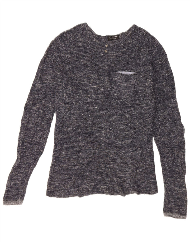Zara Herre Crew Neck Jumper Sweater Large Navy Blue Flecked