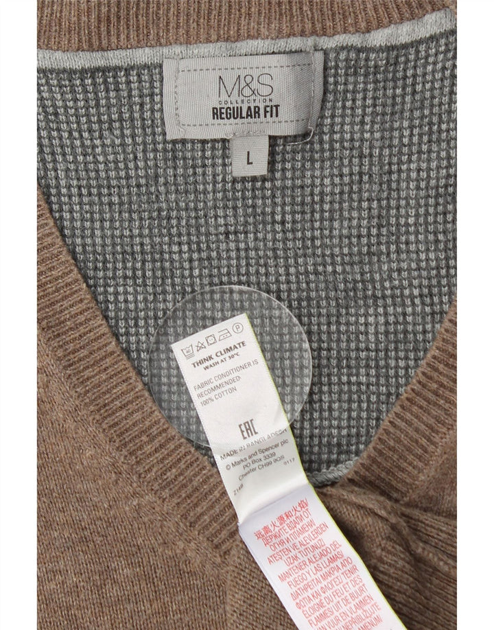 MARKS & SPENCER Herre Regular Fit V-hals sweater Stor brun bomuld