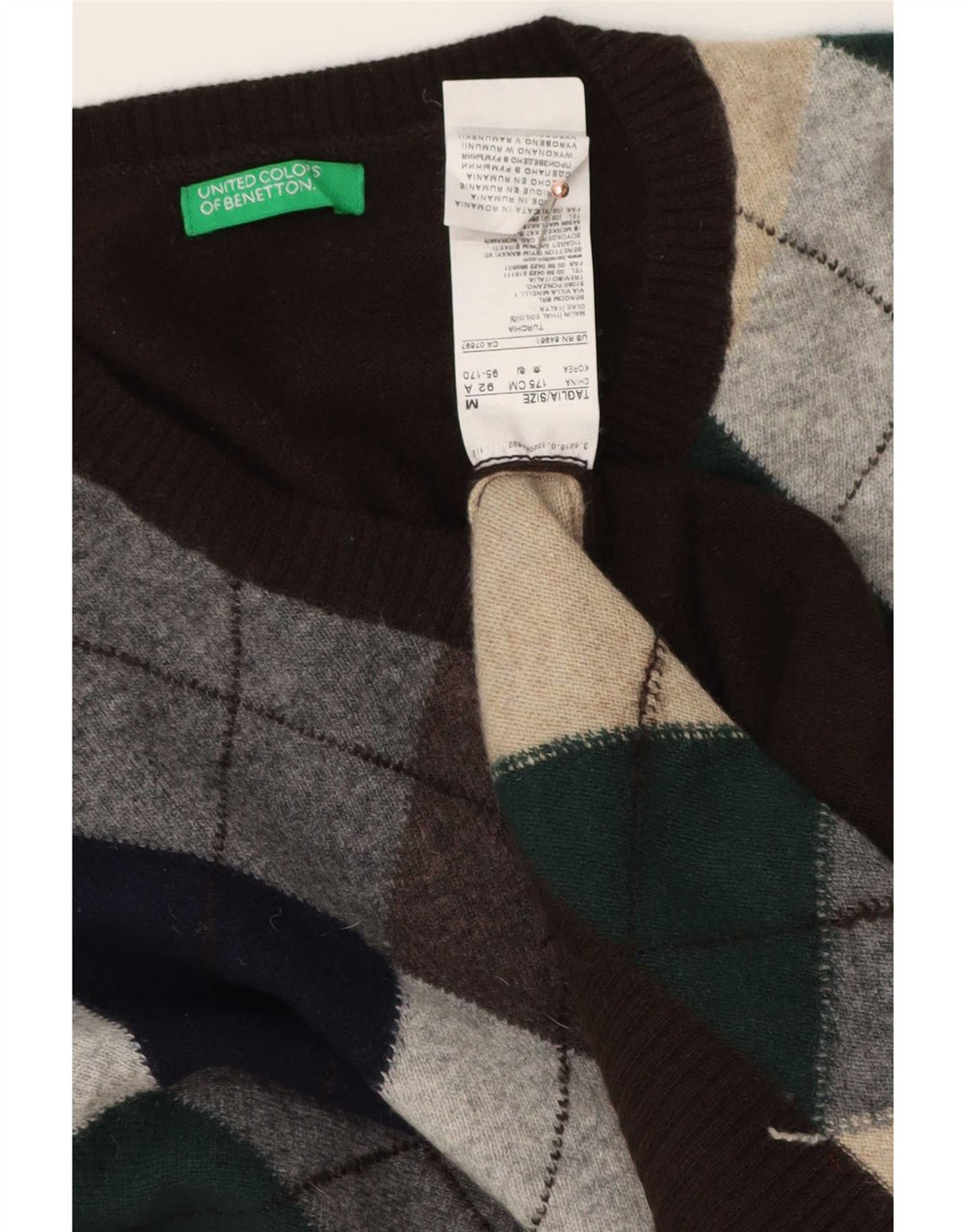 Benetton Herre V-hals sweater Medium Brun Argyle/Diamond Wool