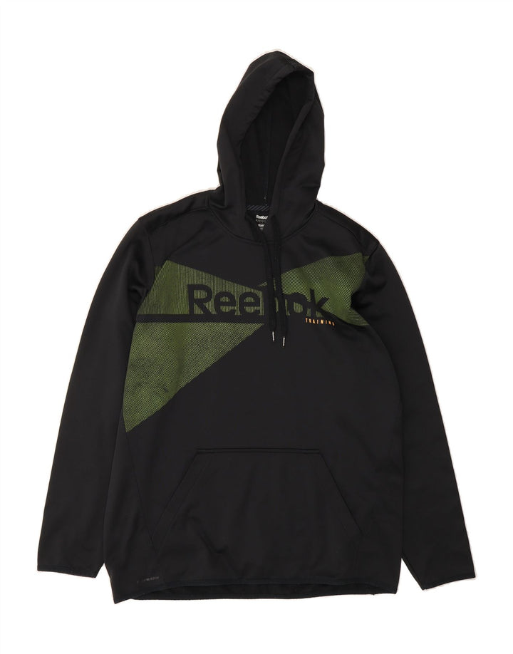 REEBOK Mens Graphic Hoodie Jumper Large Black Pinstripe Polyester Vintage Reebok and Second-Hand Reebok from Messina Hembry 