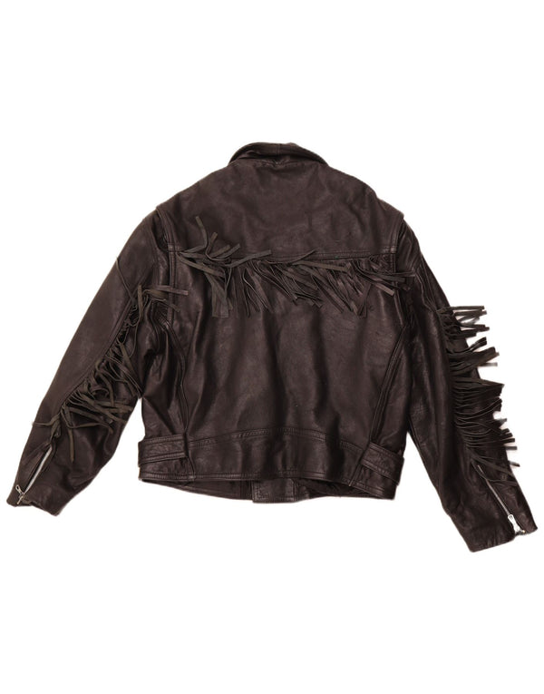 VINTAGE Bikerjakke i læder til kvinder UK 14 Mellem sort læder