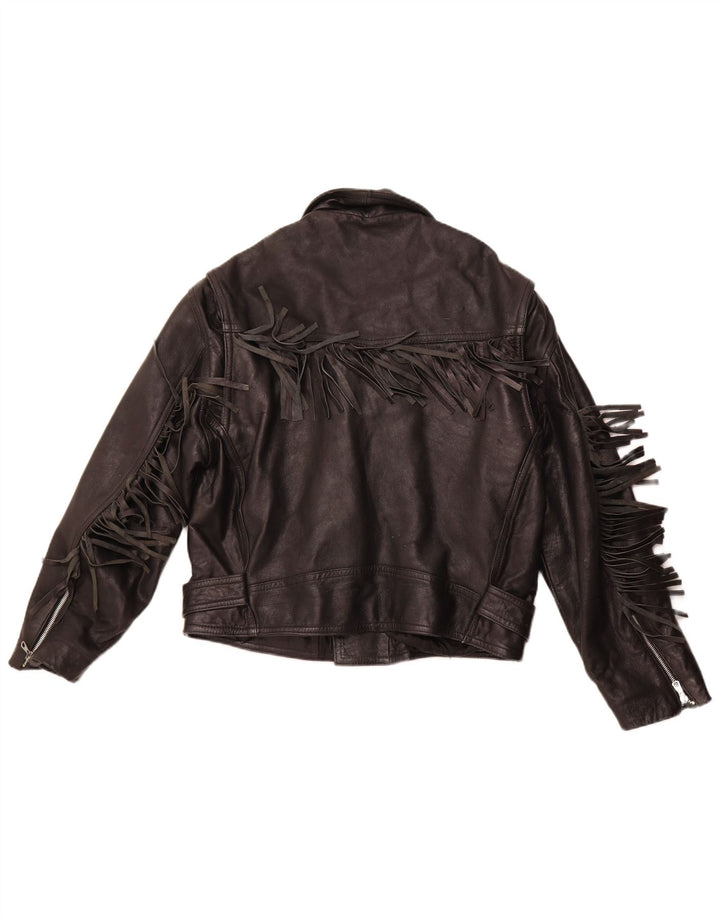 VINTAGE Bikerjakke i læder til kvinder UK 14 Mellem sort læder