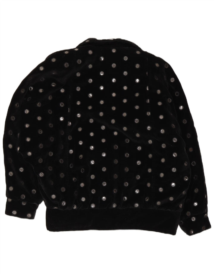 Vintage Kvinders Oversized Velvet Bomber Jacket UK 10 Small Black Polka Dot