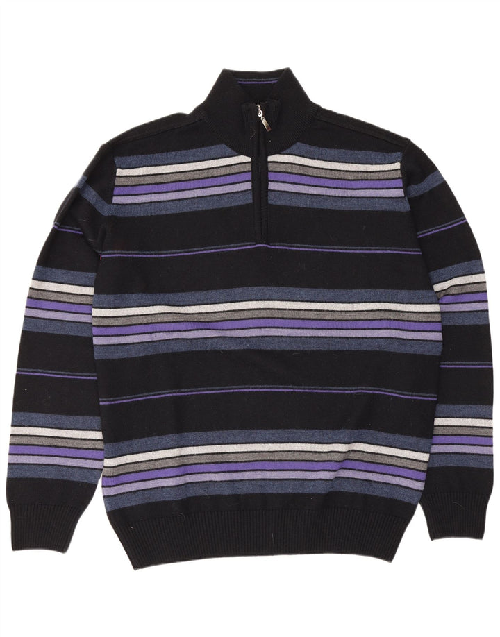 Vintage herre lynlås-hals sweater stor sort stribet uld