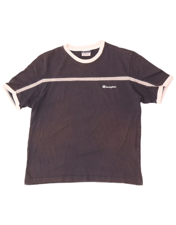 Champion Dame T-Shirt Top UK 16 Large Navy Blue Colourblock Bomuld