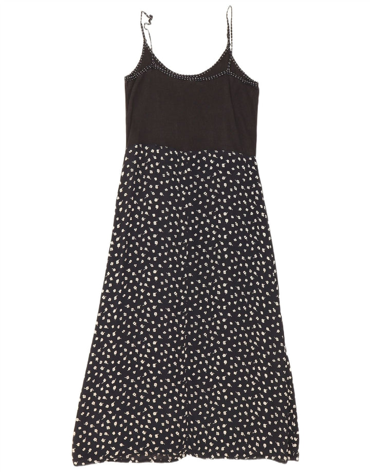 Vintage solkjole til kvinder UK 12 Medium Black Floral Viscose