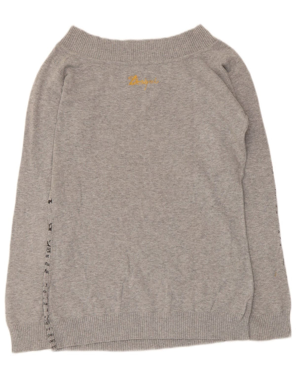 Desigual Dame Grafisk Boat Neck Jumper Sweater UK 14 Stor Grå Bomuld