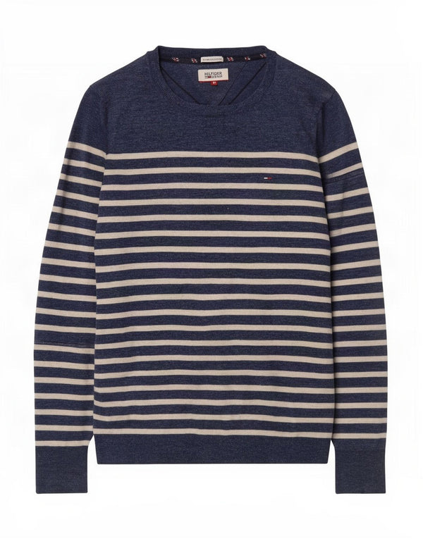 Tommy Hilfiger Mens Boat Neck Jumper Sweater Medium Navy Blue Striped
