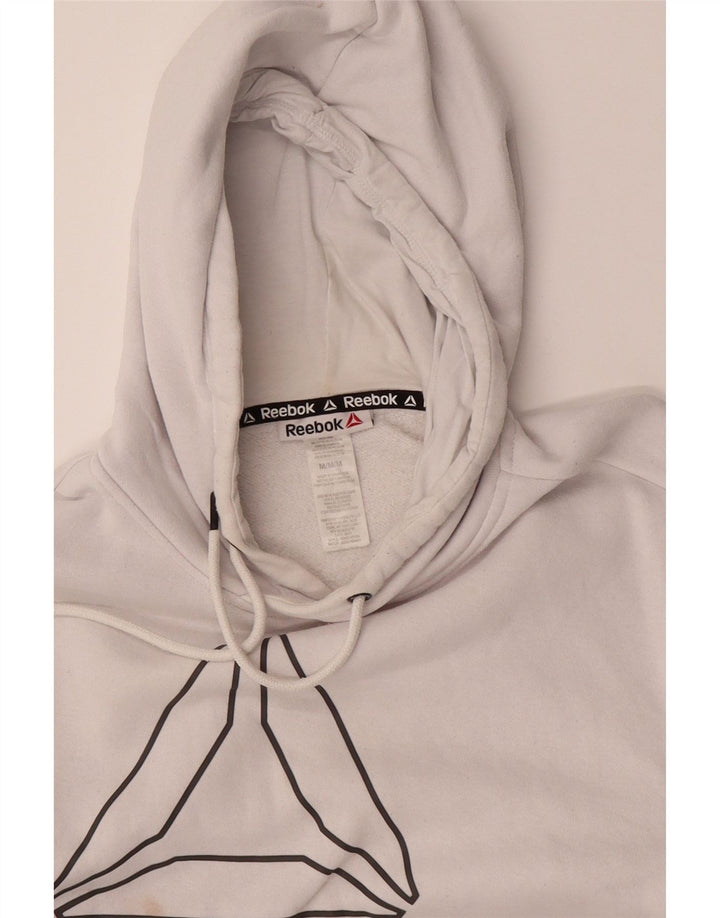 REEBOK Mens Graphic Hoodie Jumper Medium White Cotton Vintage Reebok and Second-Hand Reebok from Messina Hembry 