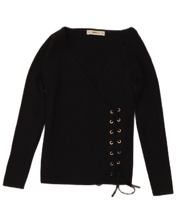 ZARA 3/4-ærmet trøje med V-hals til kvinder UK 10 Lille sort viskose