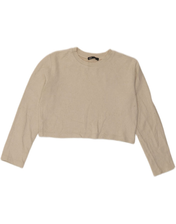 Zara Womens Crop Oversized Top Langærmet UK 10 Small Beige Bomuld