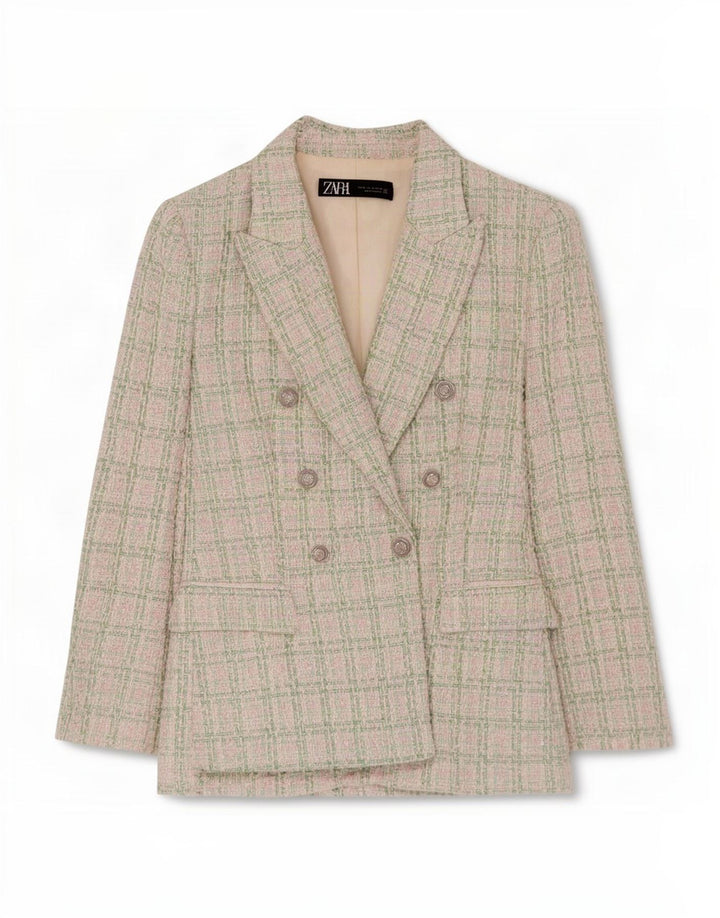 Zara Dame Dobbeltradet Blazer Jacket UK 12 Medium Green Check