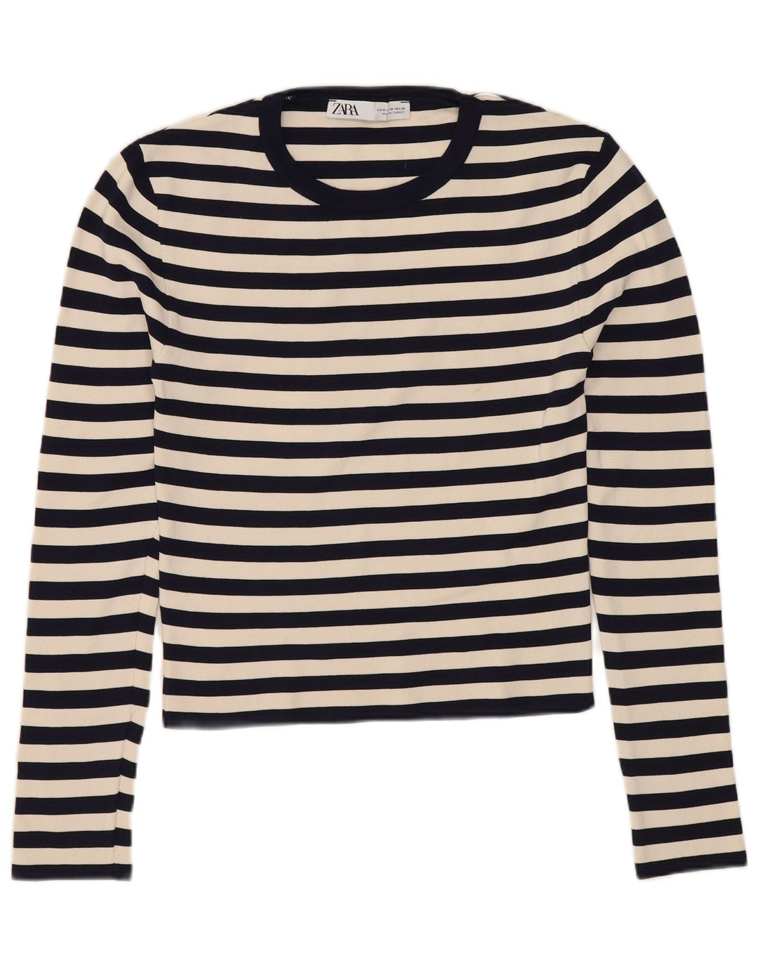 ZARA Womens Crop Top Langærmet UK 12 Mellem marineblå stribet polyamid