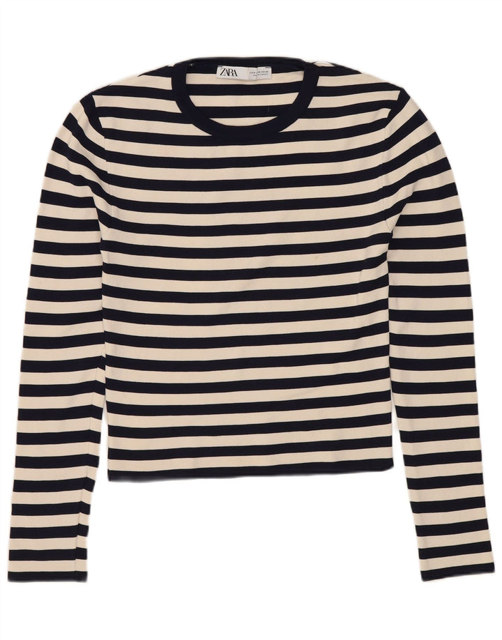 ZARA Womens Crop Top Langærmet UK 12 Mellem marineblå stribet polyamid