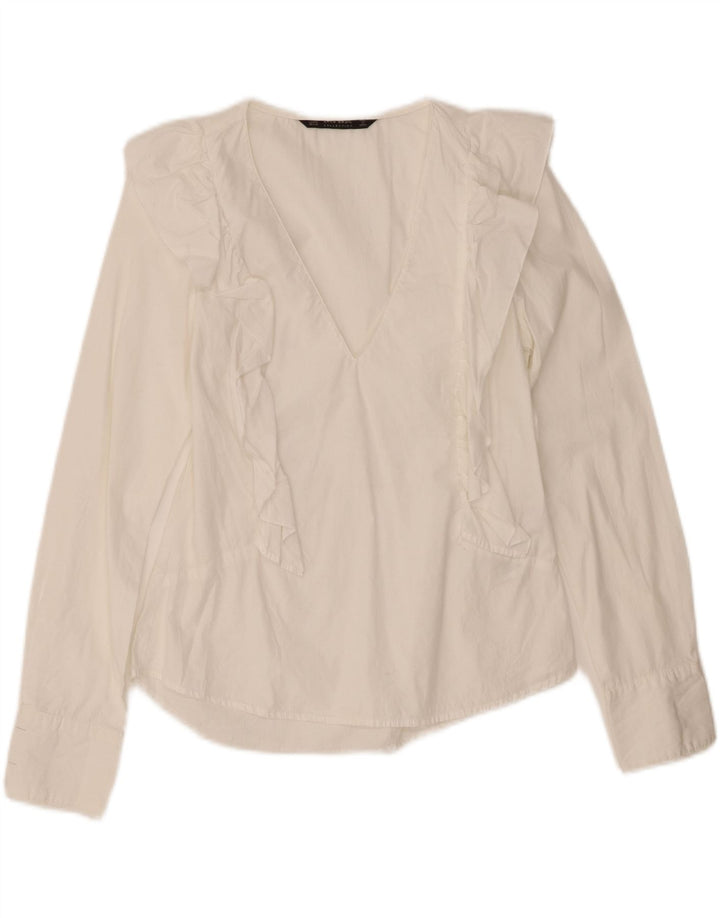 ZARA Womens Pullover Ruffle Front Shirt Blouse UK 6 XS White Cotton Vintage Zara and Second-Hand Zara from Messina Hembry 