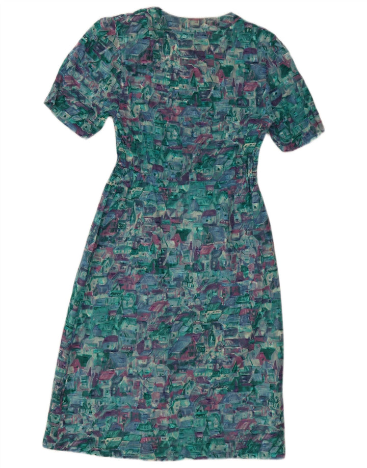 Vintage kvinders abstrakt mønster A-line kjole UK 12 Medium Blue