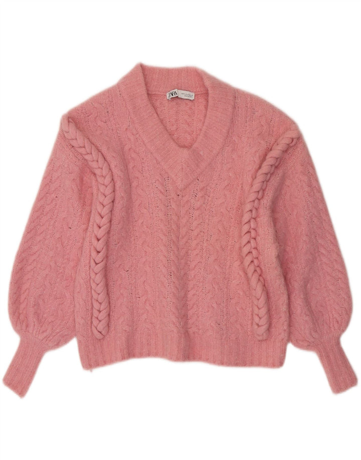 ZARA Womens Oversized Crop V-Neck Jumper Sweater UK 10 Small Pink