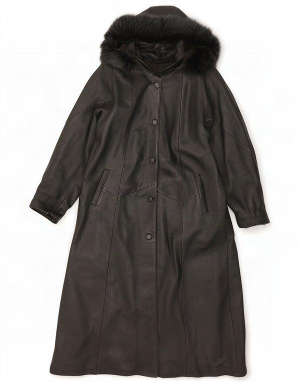Vintage Womens Hooded Leather Coat UK 20 2XL Khaki