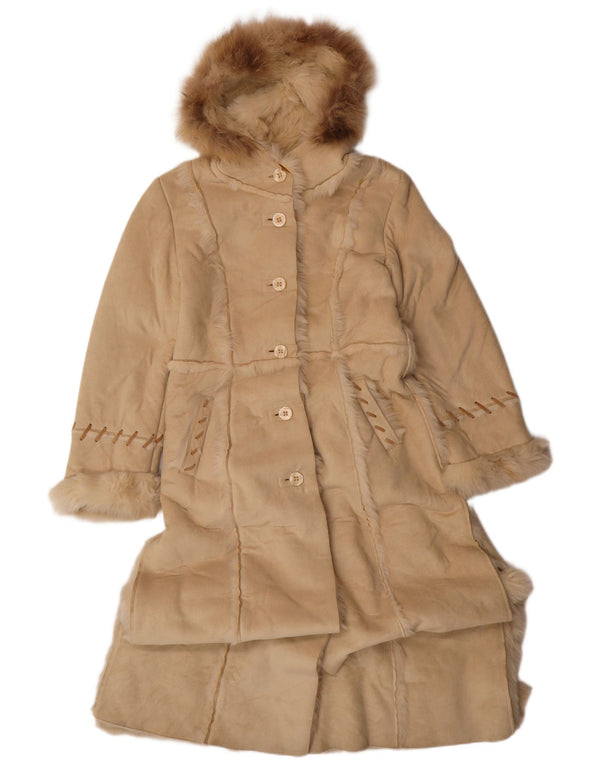 VINTAGE Sherpa-overfrakke med hætte til kvinder UK 14 Medium Beige Akryl