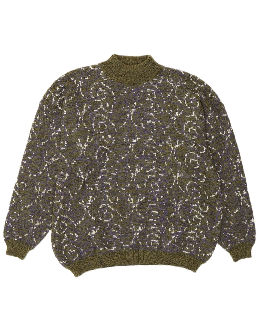 Vintage Dame Turtle Neck Jumper Sweater UK 14 Medium Green Paisley