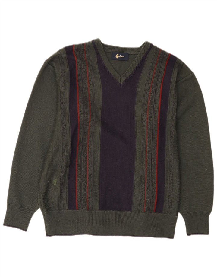 Gabicci Herre V-hals sweater Medium Khaki Colourblock Uld