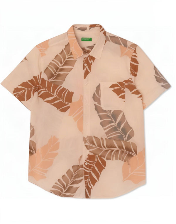 Benetton Herre Hawaii kortærmet skjorte 3XL Off White Blomsterbomuld