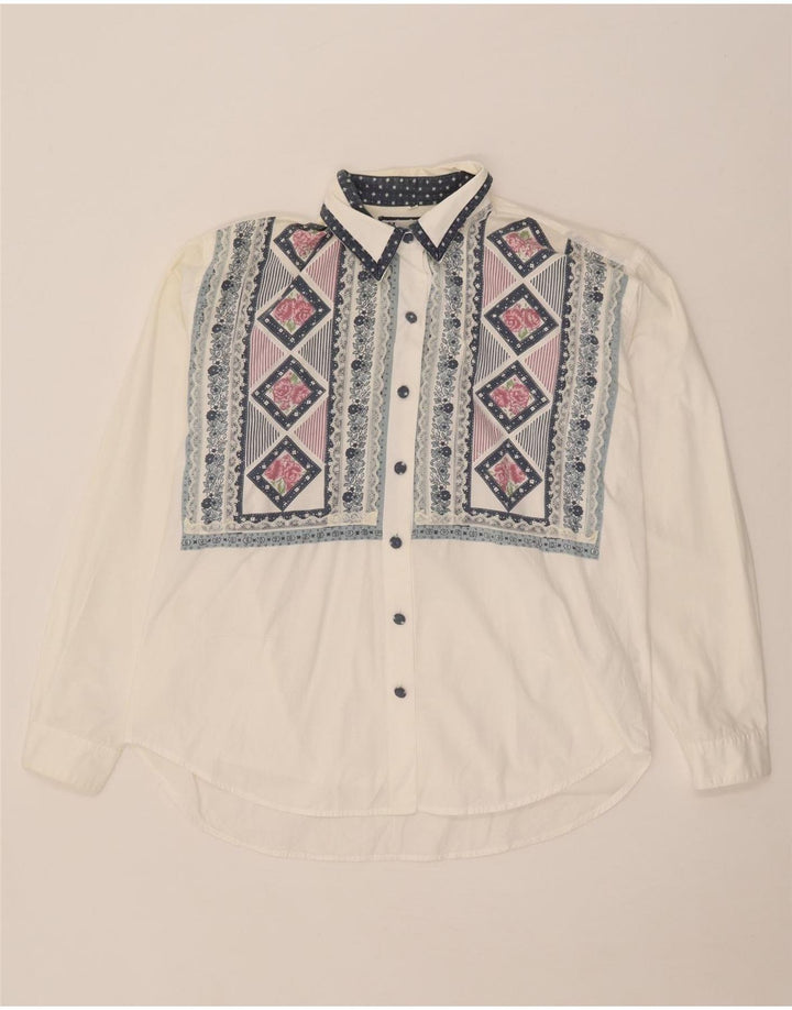 Vintage Dame Oversized skjortebluse UK 14 Medium White Geometrisk Bomuld