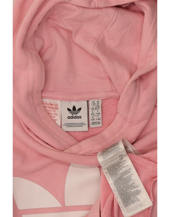 ADIDAS Girls Graphic Hoodie Jumper 7-8 Years Pink Cotton Vintage Adidas and Second-Hand Adidas from Messina Hembry 