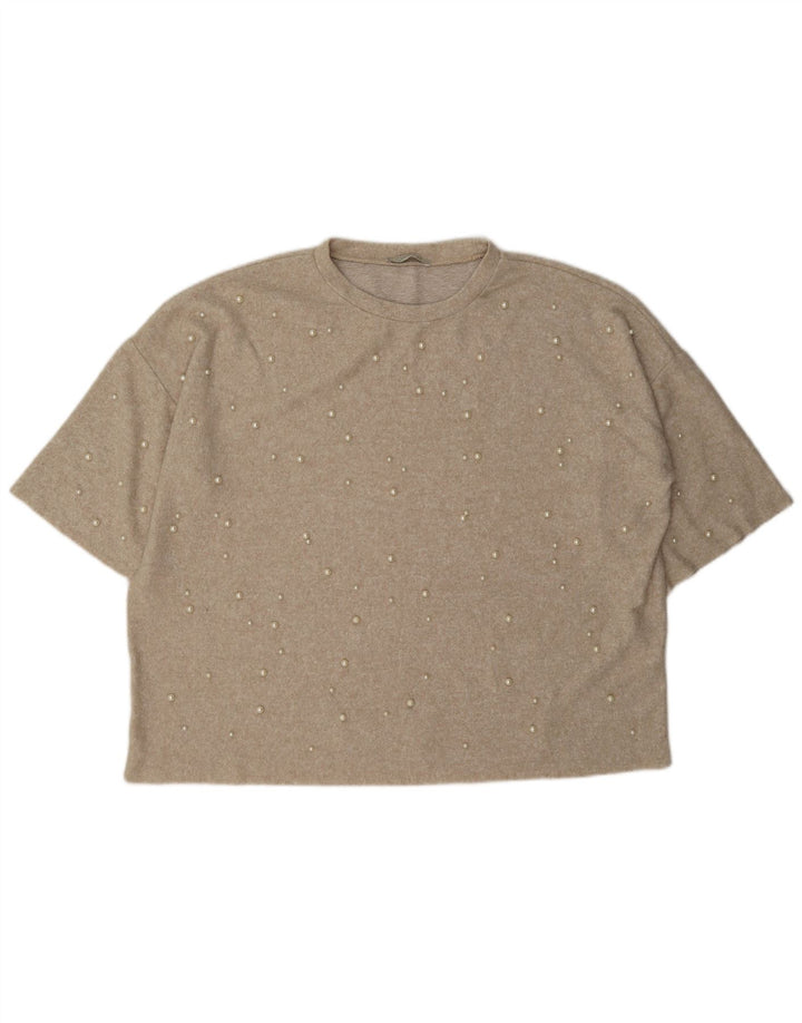 Zara Dame Oversized T-Shirt Top UK 16 Stor Beige Plettet
